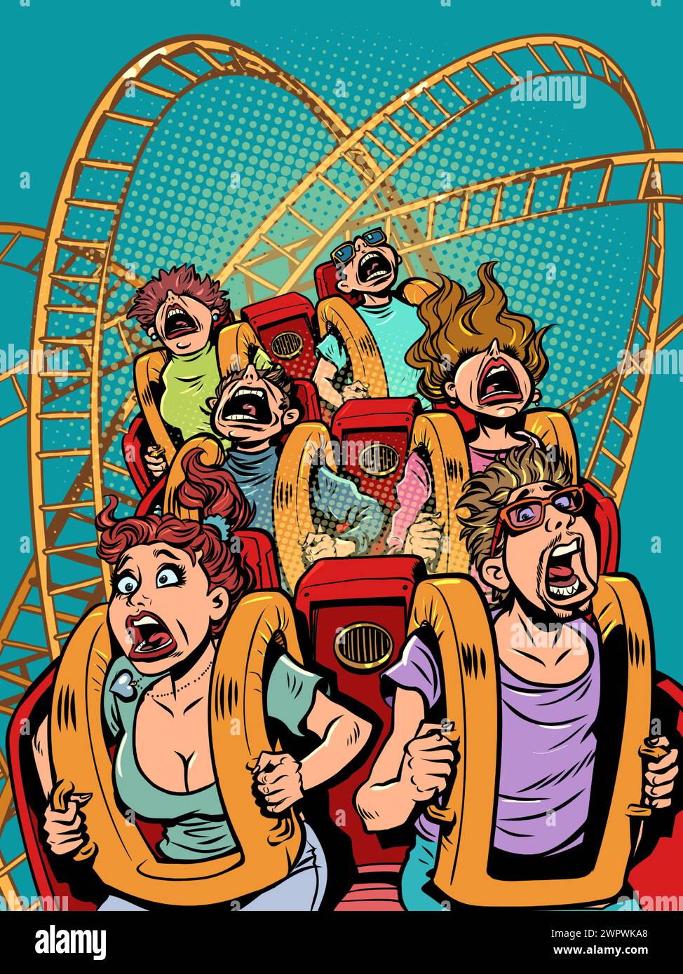People scream and ride a roller coaster. Poster for amusement park and free leisure. A banner with a unique offer that will turn your head. Comic cart Stock Vector