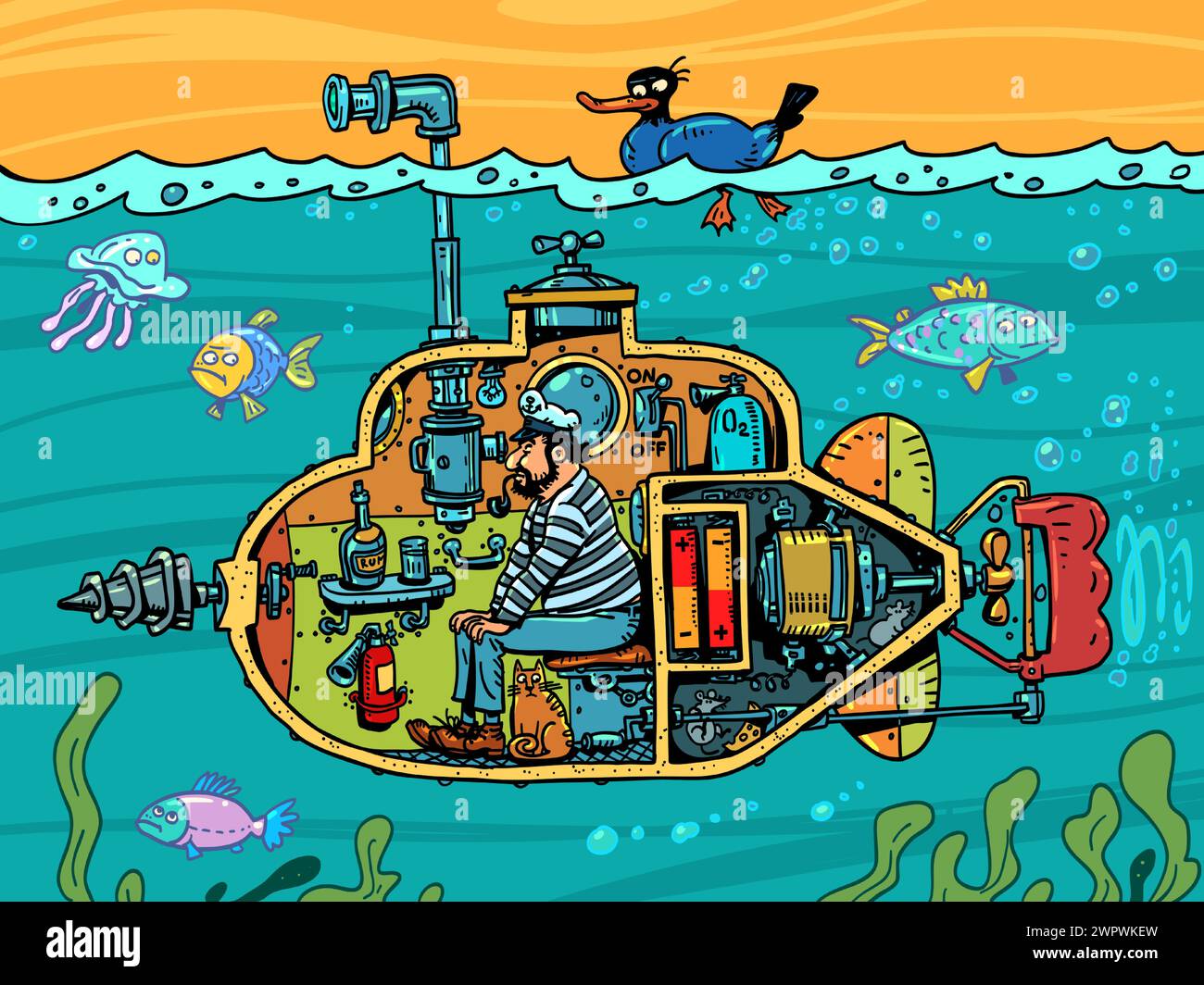 A sailor sails in a submarine exploring the ocean. Original tourist travels abroad in unusual conditions. Scientific work on the exploration of the de Stock Vector
