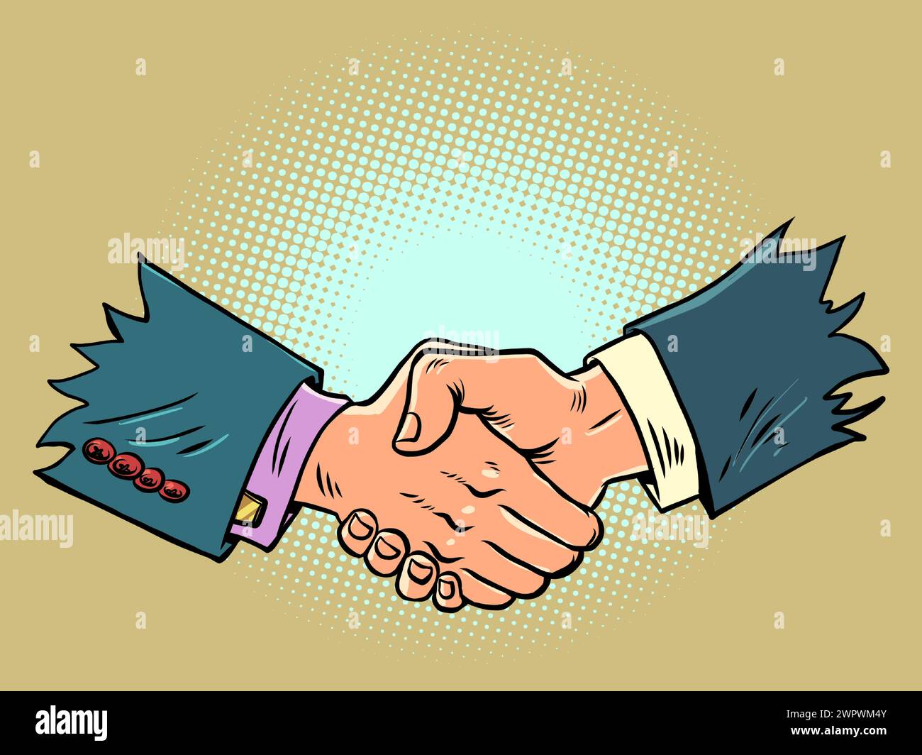 Handshake of male hands at a business meeting. Fraud and lies in relationships between colleagues. Frustrated expectations on both sides. Comic cartoo Stock Vector