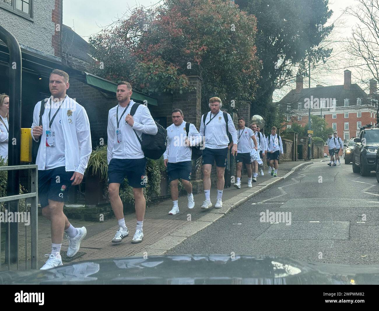 Richmond, UK. 09th Mar, 2024. Richmond Hill Hotel, Richmond. 09th March 2024. The England rugby team leaving the Richmond Hill Hotel in Richmond en route to their 6 Nations rugby match against Ireland at Twickenham. Credit: james jagger/Alamy Live News Stock Photo