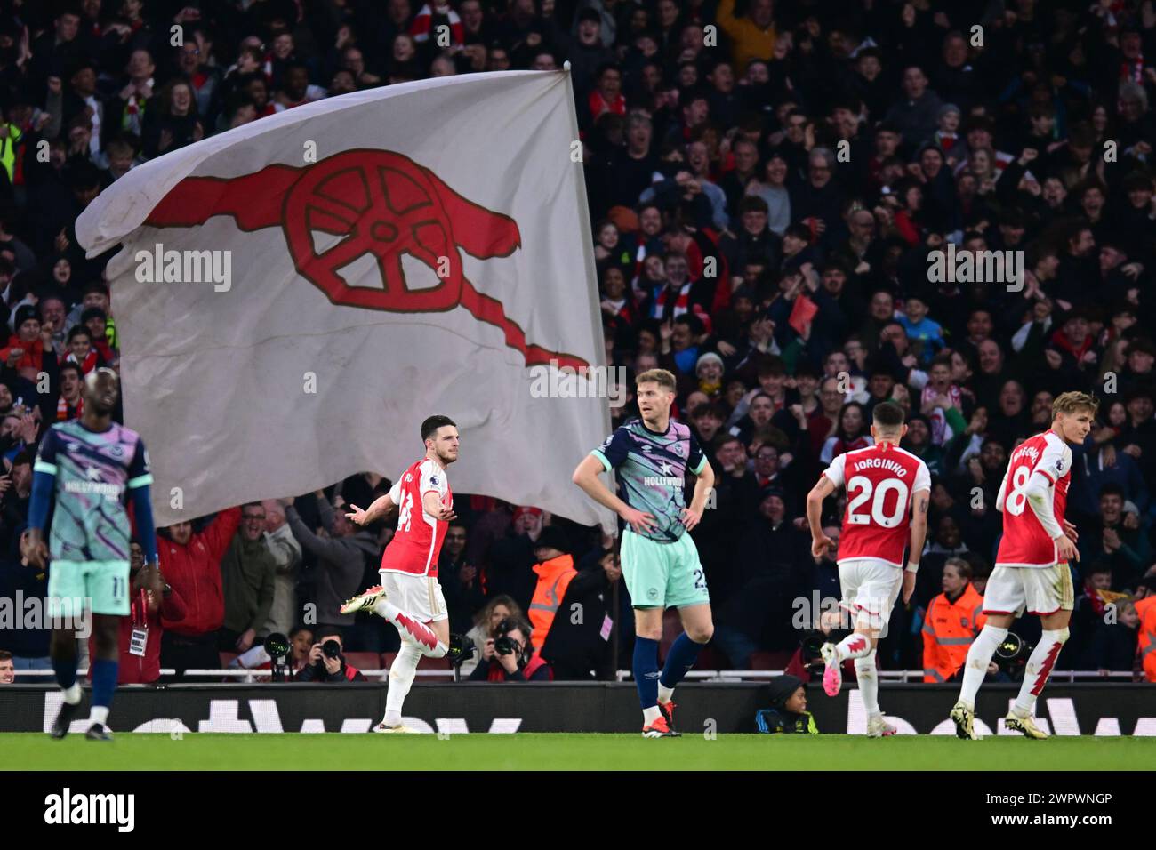 Declan Rice of Arsenal FC celebrates scoring Arsenal FC opening goal in ...