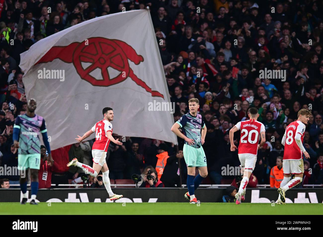 Declan Rice of Arsenal FC celebrates scoring Arsenal FC opening goal in ...