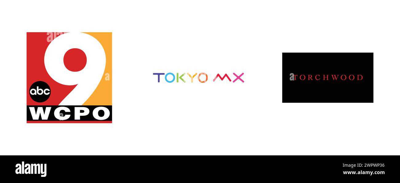 Tokyo Metropolitan Television, WCPO TV, TBC. Vector brand logo collection. Stock Vector
