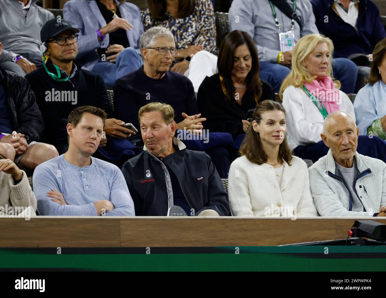 March 08, 2024 Bill Gates and Larry Ellison in attendance for the match between Matteo Arnaldi of Italy and Carlos Alcaraz of Spain during the BNP Paribas Open in Indian Wells, CA. Charles Baus/CSM Stock Photo