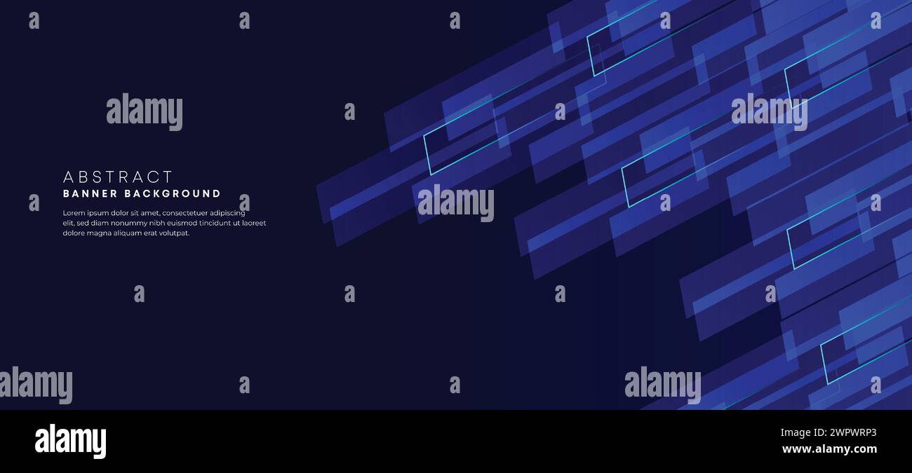 Abstract dark blue gradient overlay background with modern geometric square shape graphic element. Navy blue stripes diagonal banner header, corporate Stock Vector