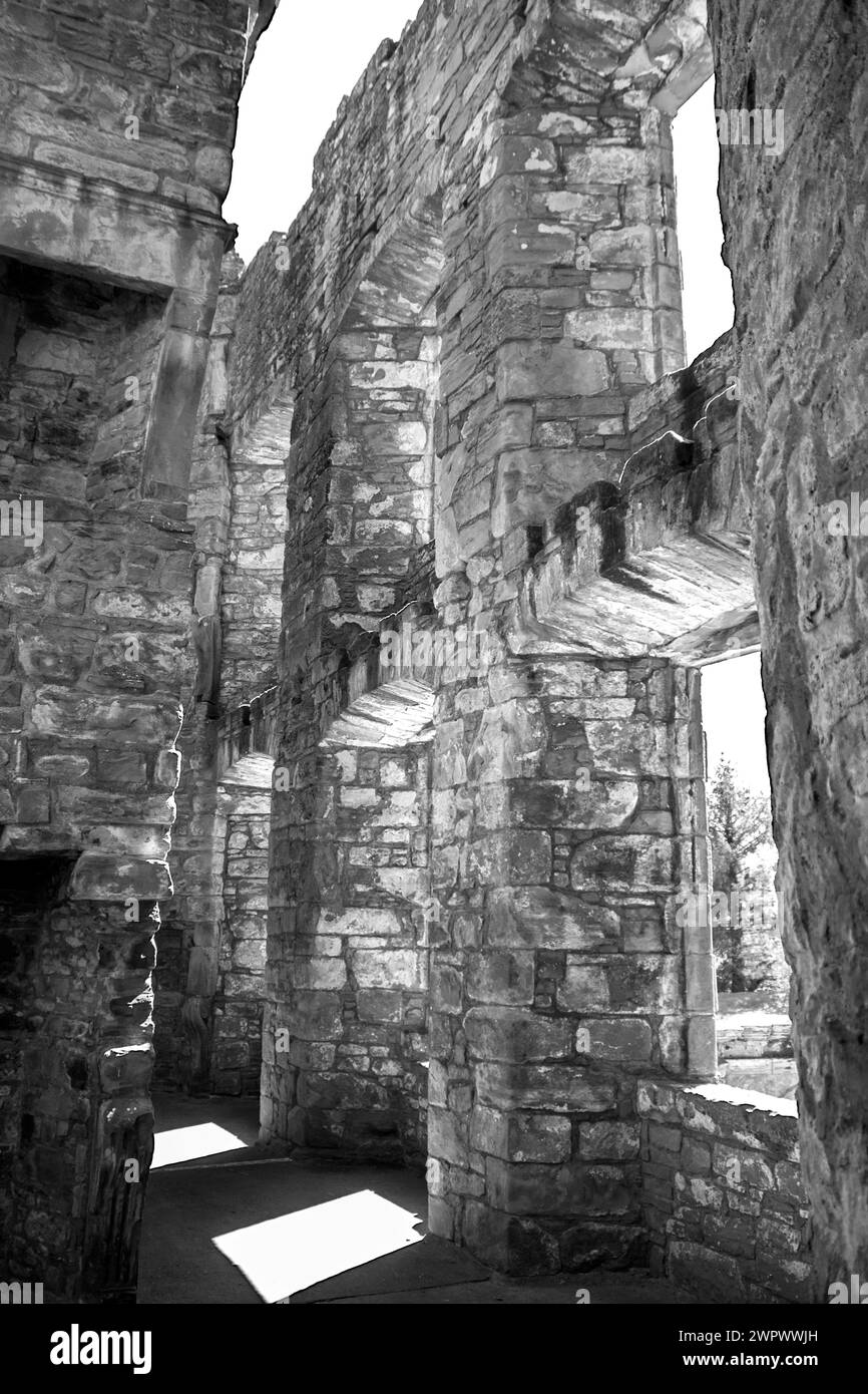 Eery black and white view in an old Ruined Castle in Scotland. Stock Photo