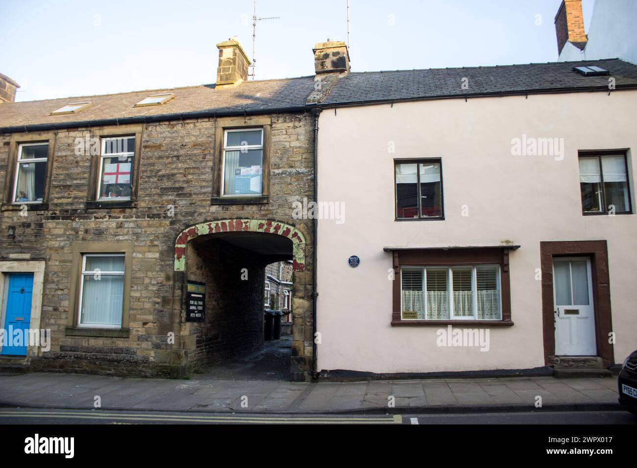 Historic Bastille Houses along the main street of Haltwhistle, town in