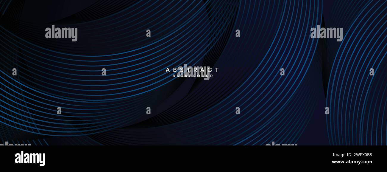 Dark Navy Blue Abstract Waving Circles Lines Technology Background. Modern Blue Gradient with Glowing Lines Geometric Shape Diagonal Banner Web Header Stock Vector