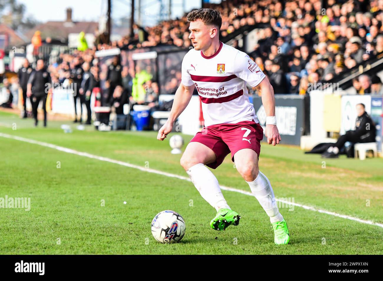 Sam Haskins (7 Northampton Town) controls the ball during the Sky Bet League 1 match between Cambridge United and Northampton Town at the Cledara Abbey Stadium, Cambridge on Saturday 9th March 2024. (Photo: Kevin Hodgson | MI News) Credit: MI News & Sport /Alamy Live News Stock Photo