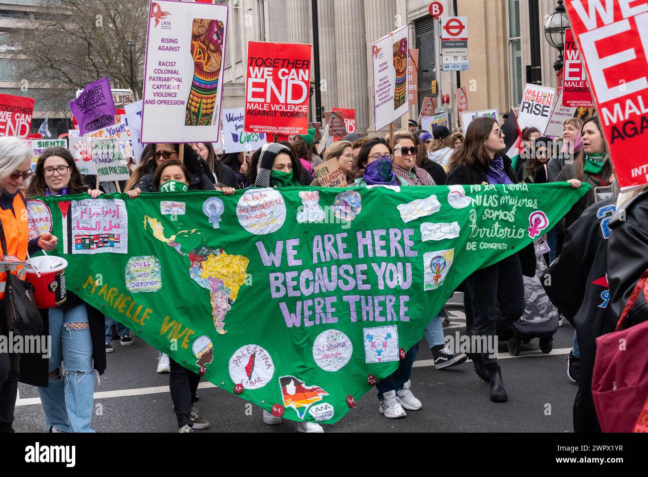 Cockspur Street, Westminster, London, UK. 9th Mar, 2024. Linked to International Women’s Day of 8th March, Million Women Rise is a protest against oppression, inequality, reproductive rights and male violence towards women and girls in all its forms. Protesters gathered near Oxford Street before heading to Trafalgar Square Stock Photo