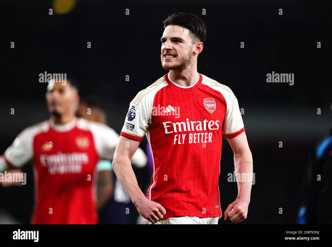 Arsenals Declan Rice Celebrates Victory After The Final Whistle In The