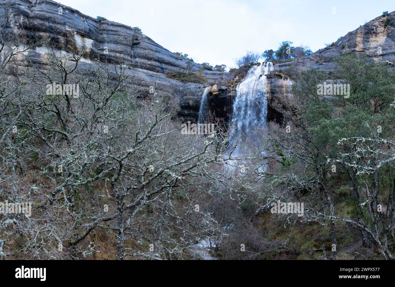 La Mea waterfall seen from a drone. Between Quintanilla Valdebodres and Puentedey in the area of the Canales del Dulla. The Merindades. Burgos. Castil Stock Photo