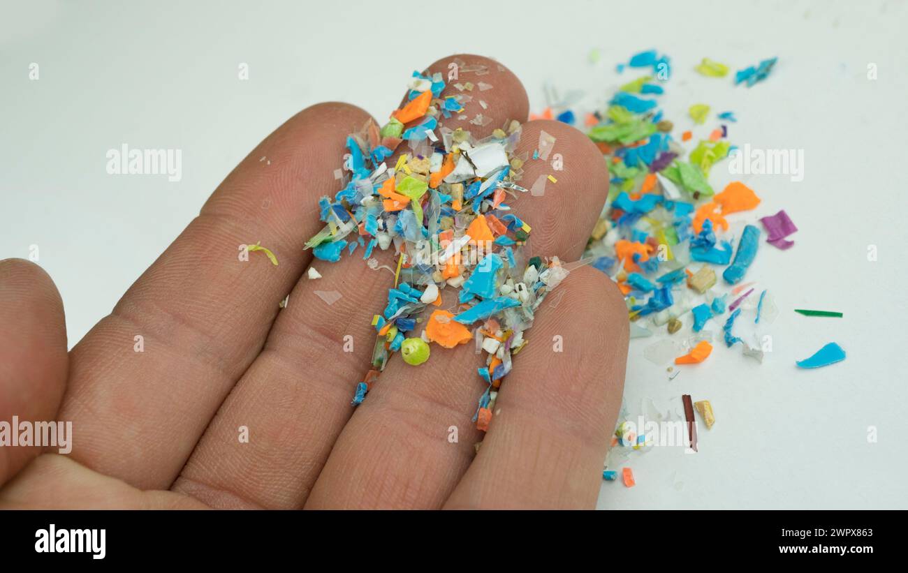 Close-up on many microplastic particles in human hand. Concept of plastic pollution with nanoplastics. Soft focus on a micro plastic particles Stock Photo