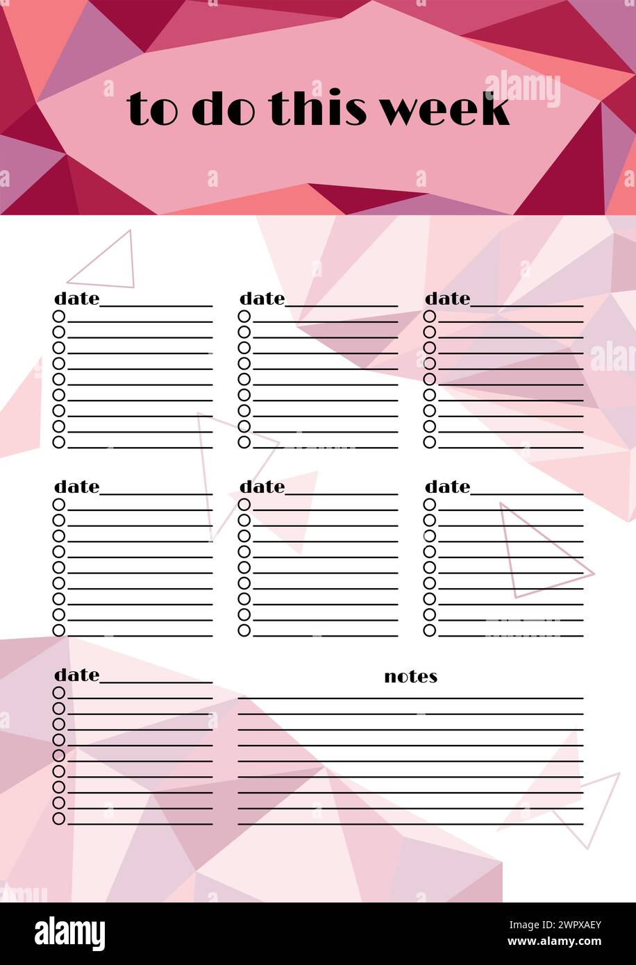 Weekly planner page template. Vector to do list week. Polygonal geometric design background with colorful triangle elements. A5 size design for Stock Vector