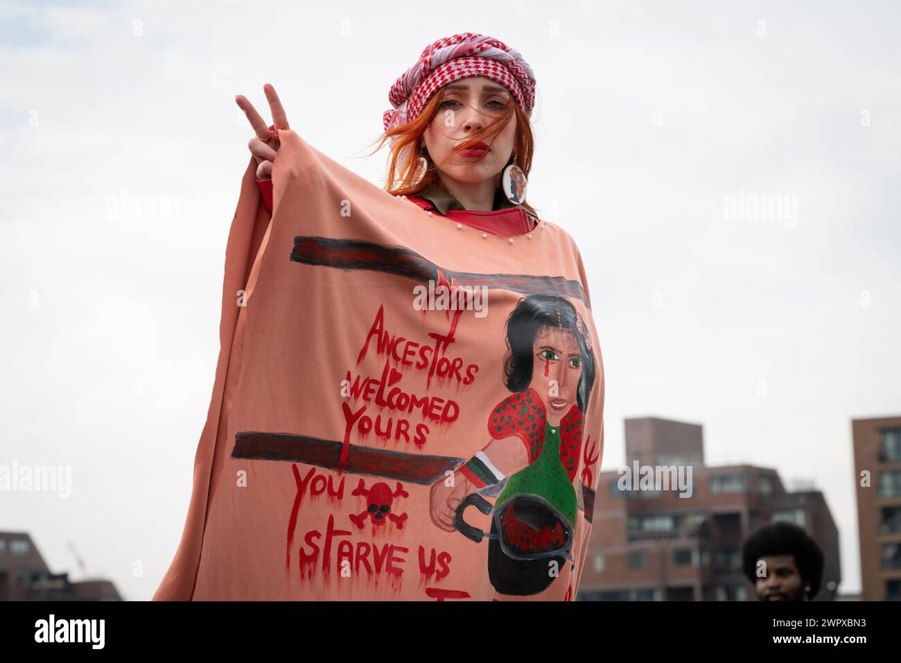 London, UK. 9 March, 2024. A woman wearing traditional Palestinian