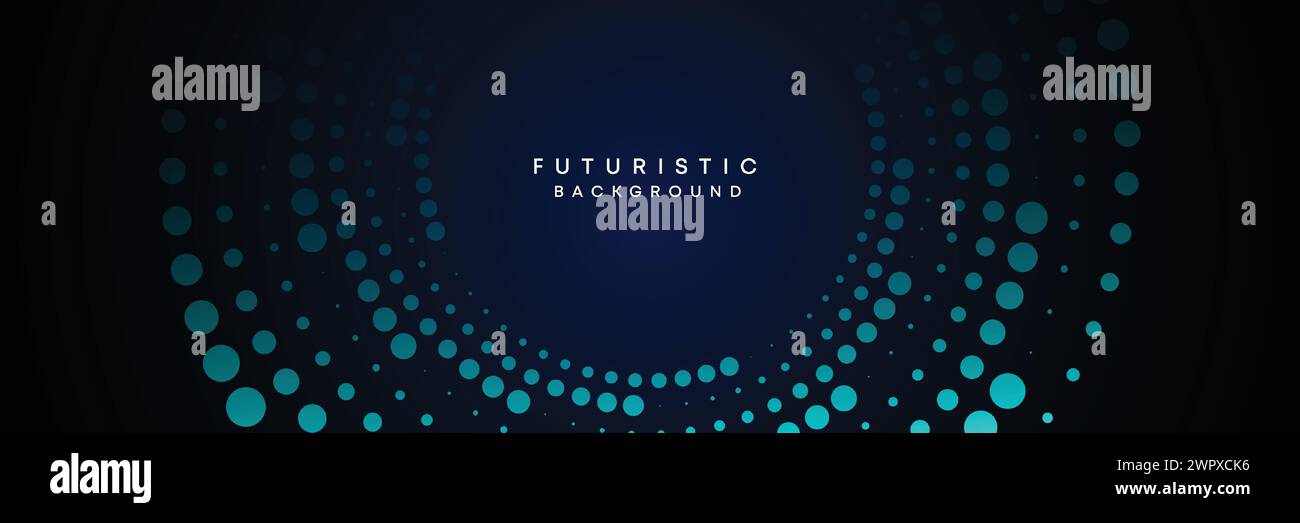 Dark blue digital technology banner gradient web background. Blue abstract waving lines halftone circles frame glowing geometric diagonal background Stock Vector