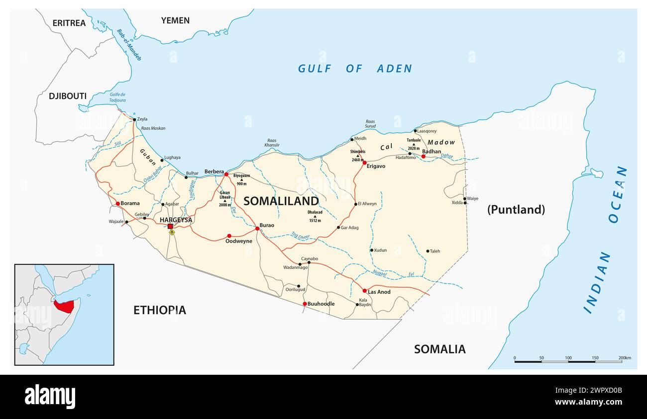 Vector road map of the de facto state of Somaliland Stock Photo