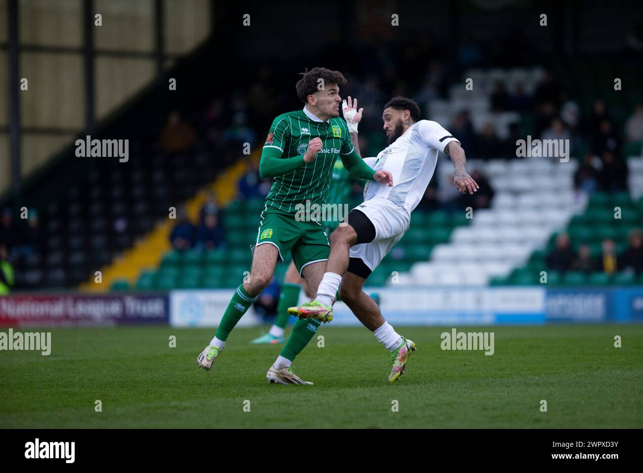 Jay Foulston of Yeovil Town  and Crossley Lema/ during the National League South  match at  Huish Park Stadium, Yeovil Picture by Martin Edwards/ 078 Stock Photo