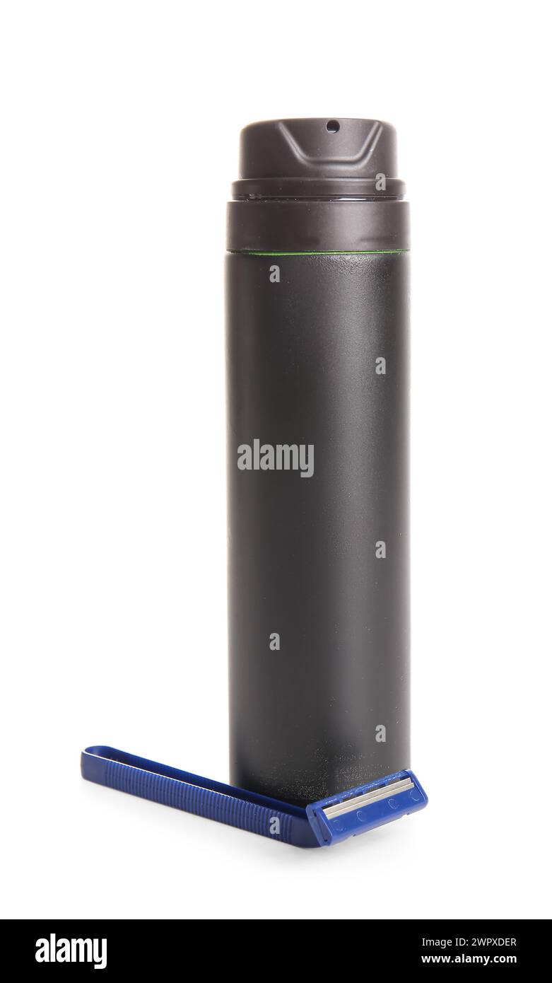 Styrofoam Razor Bottle of shaving foam with razor isolated on white background Stock ...