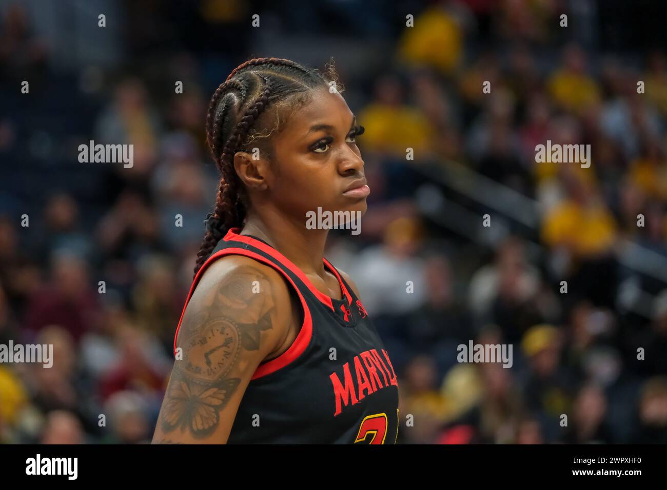 Minneapolis, Minnesota, USA. 9th Mar, 2024. Maryland Terrapins guard BRI MCDANIEL (24) looks on during a semifinals game between Maryland and Nebraska at the 2024 TIAA Big10 Women's Basketball Tournament at Target Center on March 9th, 2024. Nebraska won 78-68. (Credit Image: © Steven Garcia/ZUMA Press Wire) EDITORIAL USAGE ONLY! Not for Commercial USAGE! Stock Photo
