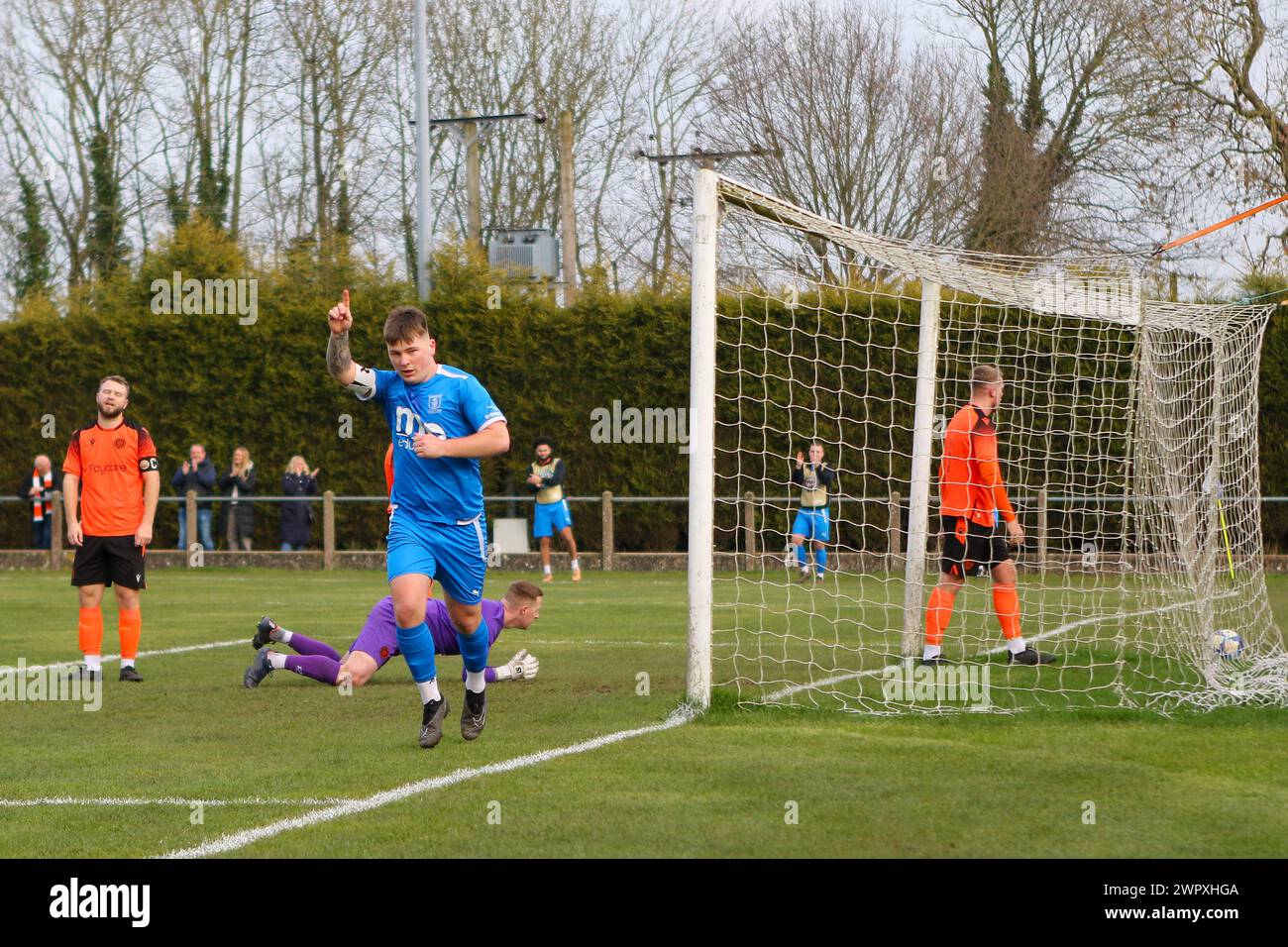 Heather, UK, 9, March, 2024:Kyle Jardine Celebrating Scoring the first goal  in the Midland Football League match between.Heather St Johns and Bilston Town Community  Credit: Clive Stapleton/Alamy Live News Stock Photo