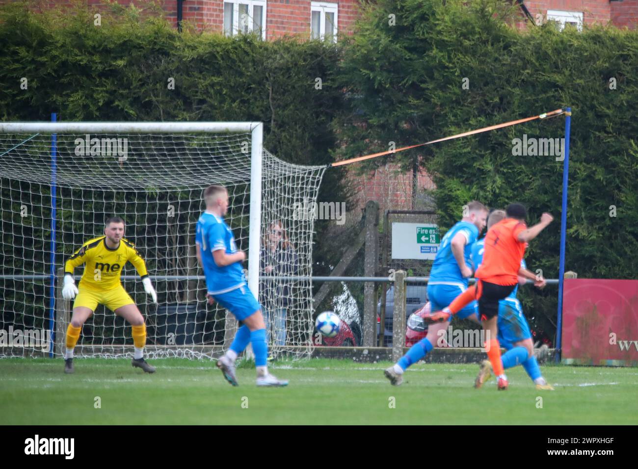 Heather, UK, 9, March, 2024:A shot from Soms Sibanda shoots and scores Bilston Town only goal in the Midland Football League match between.Heather St Johns and Bilston Town Community  Credit: Clive Stapleton/Alamy Live News Stock Photo