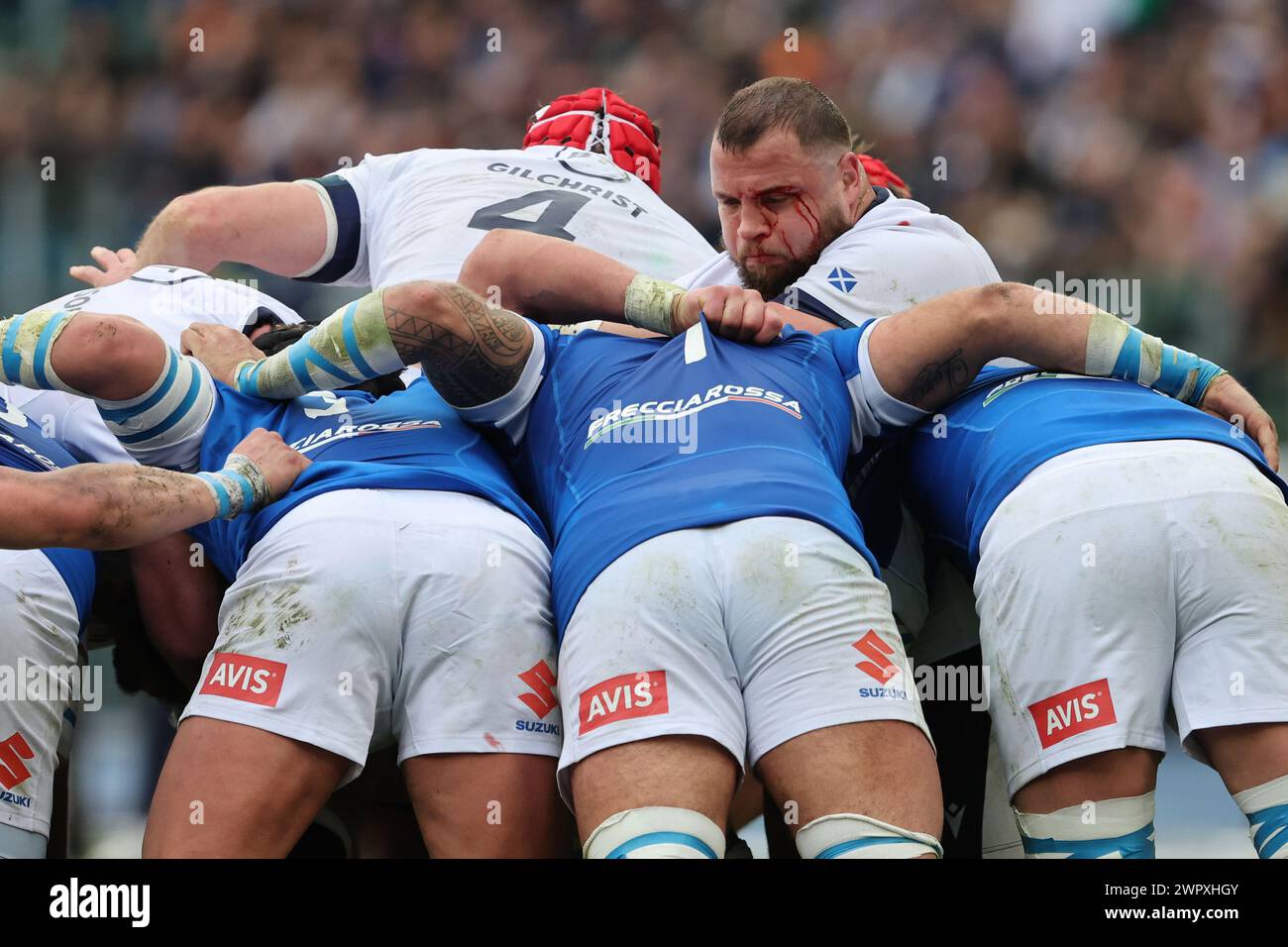 Rome, Italy. 09th Mar, 2024. Rome, Italy 09.03.2024: Pierre Schoeman (Scotland) is bleeding from his eye during the Guinness Six Nations 2024 tournament match between Italy and Scotland at Stadio Olimpico on March 09, 2024 in Rome, Italy. Credit: Independent Photo Agency/Alamy Live News Stock Photo