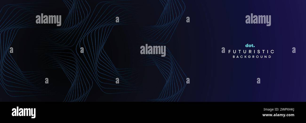 Dark blue digital technology banner gradient web background. Blue abstract waving lines and halftone circles glowing geometric diagonal web banner Stock Vector