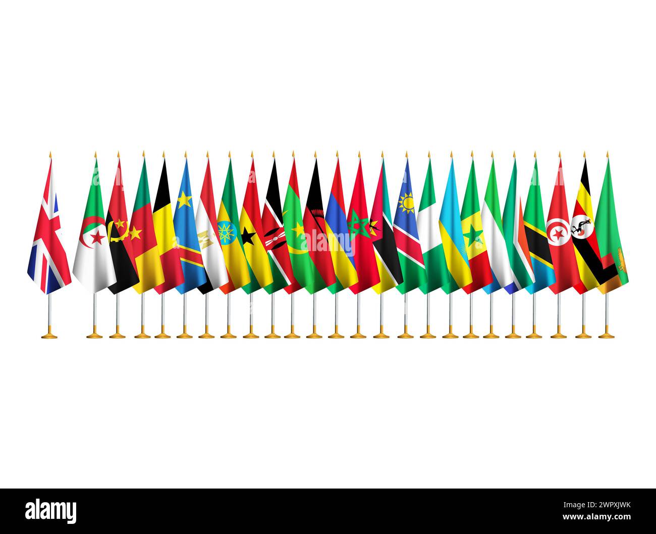 Flags of the UK and 24 African countries in alphabetical order.UK