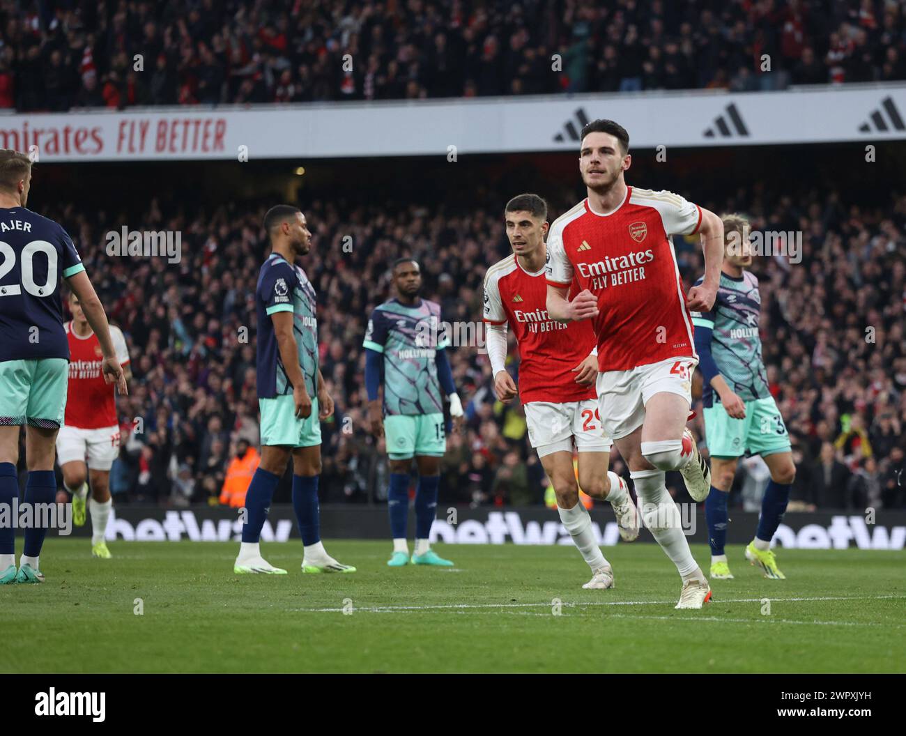 London, UK. 09th Mar, 2024. Declan Rice (A) celebrates scoring the ...