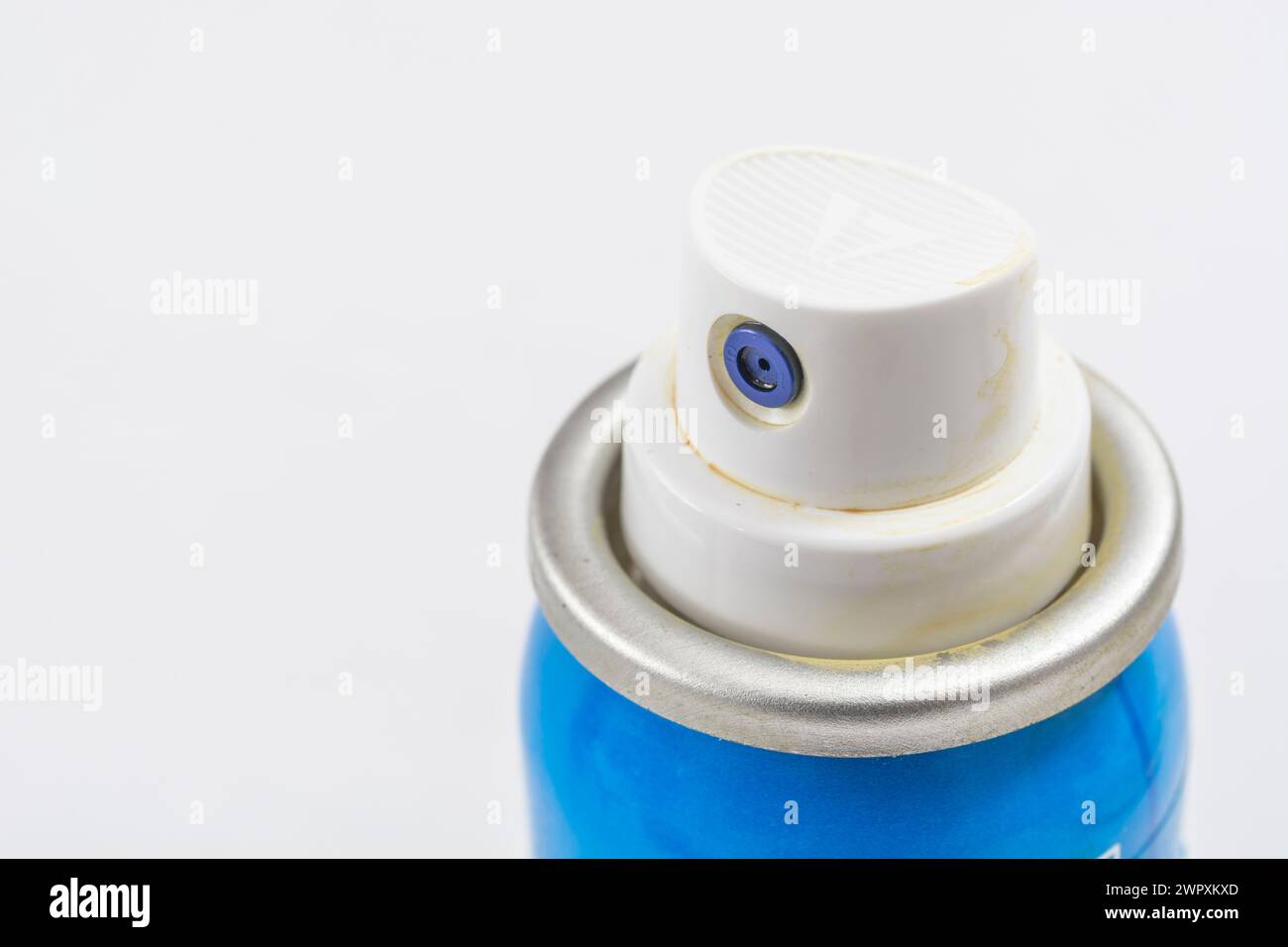 Close shot of spray can nozzle (Savlon Dry Antiseptic Povidone Iodine spray). For ingenious devices, First Aid concept, and medical matter. Stock Photo