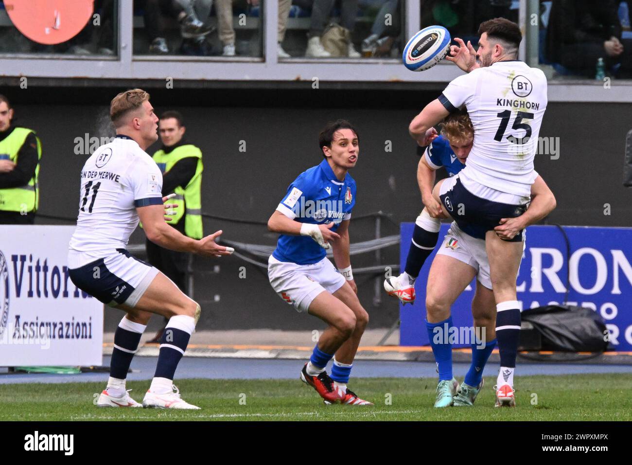 Rome, Italy. 09th Mar, 2024. Ankle tap during the Six Nations Championship match between Italy and Scotland on 9 march at Stadio Olimpico in Rome, Italy during Italy vs Scotland, Rugby Six Nations match in Rome, Italy, March 09 2024 Credit: Independent Photo Agency/Alamy Live News Stock Photo