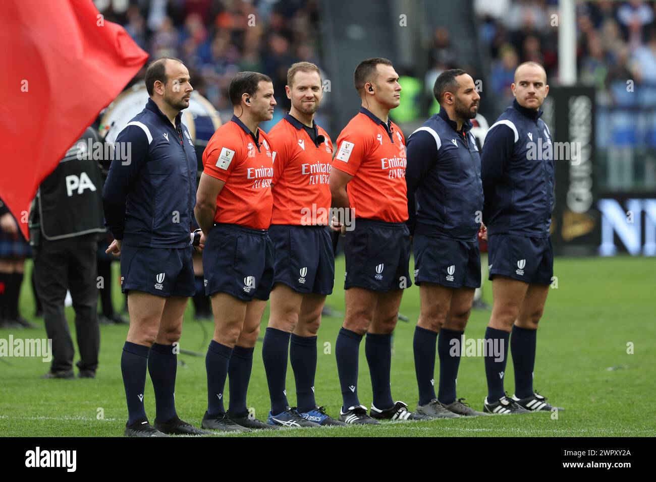 Rome, Italy. 09th Mar, 2024. Rome, Italy 09.03.2024: referee Angus Oardner, Karl Dickson, Adam Leal before the Guinness Six Nations 2024 tournament match between Italy and Scotland at Stadio Olimpico on March 09, 2024 in Rome, Italy. Credit: Independent Photo Agency/Alamy Live News Stock Photo