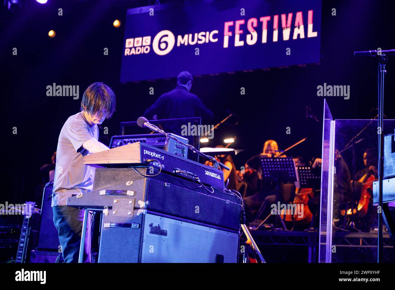 Manchester, UK. 09th March 2024. Thom Yorke, Jonny Greenwood, and Tom Skinner of the band The Smile perform at the Manchester Victoria Warehouse  on the closing night of the BBC 6 music Festival 2024.  2024-03-09 . Credit:  Gary Mather/Alamy Live News Stock Photo