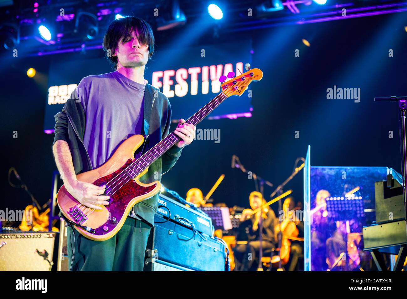 Manchester, UK. 09th March 2024. Thom Yorke, Jonny Greenwood, and Tom Skinner of the band The Smile perform at the Manchester Victoria Warehouse  on the closing night of the BBC 6 music Festival 2024.  2024-03-09 . Credit:  Gary Mather/Alamy Live News Stock Photo