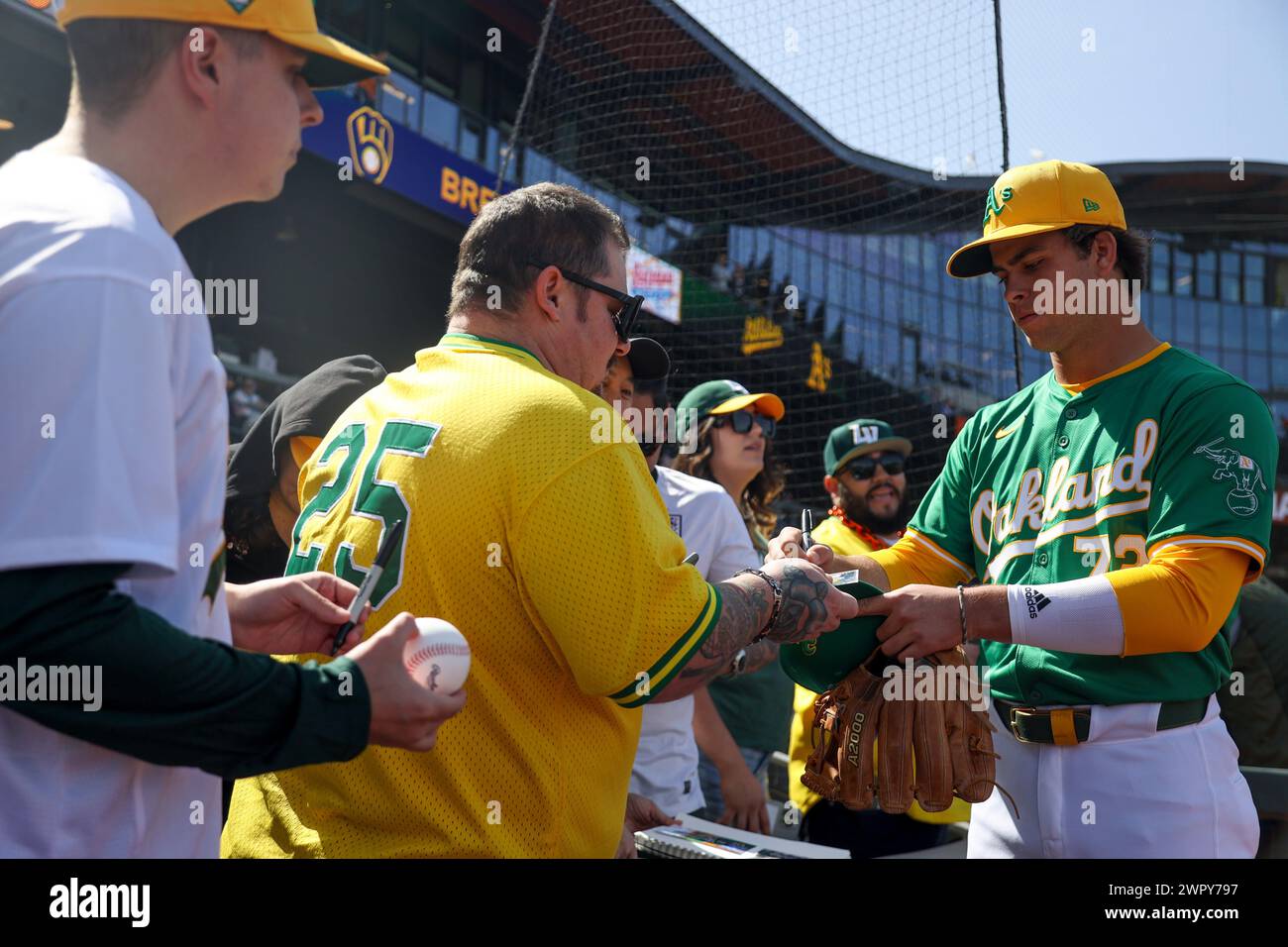 Oakland Athletics infielder Max Muncy (72) signs autographs before a