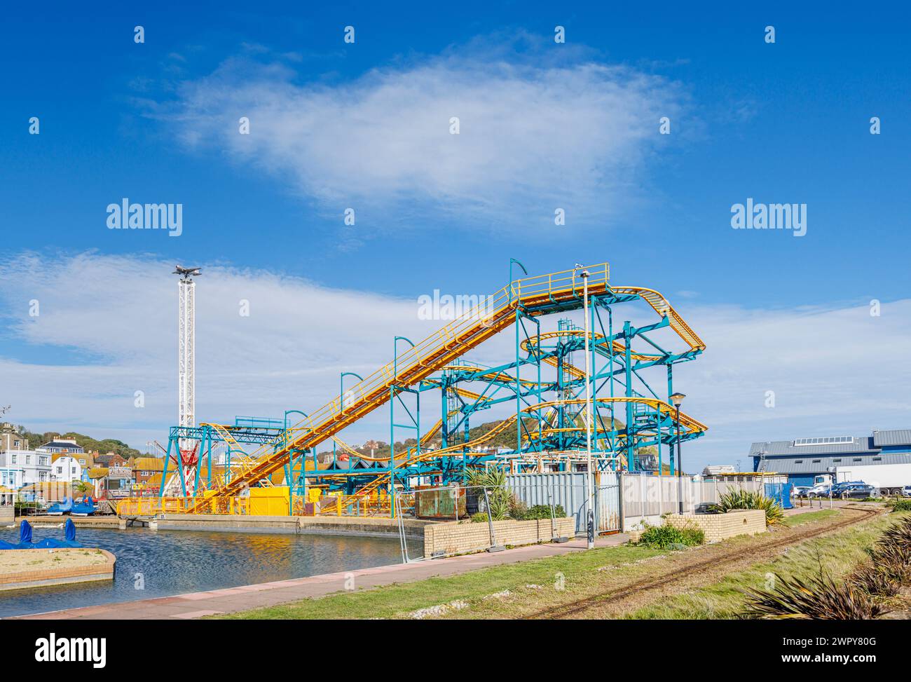 The Pinball X spinning roller coaster in Flamingo Park theme park and entertainment centre, Old Hastings, East Sussex, England Stock Photo