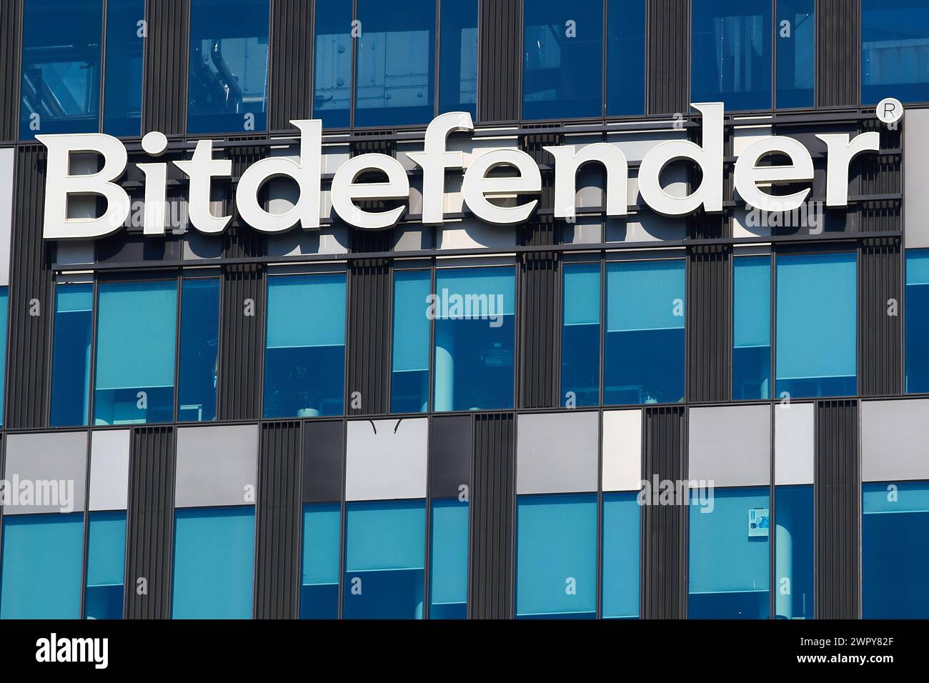 Bucharest, Romania - March 03, 2024: The logo of Romanian cybersecurity and anti-virus software company Bitdefender is seen on the top of the Orhideea Stock Photo