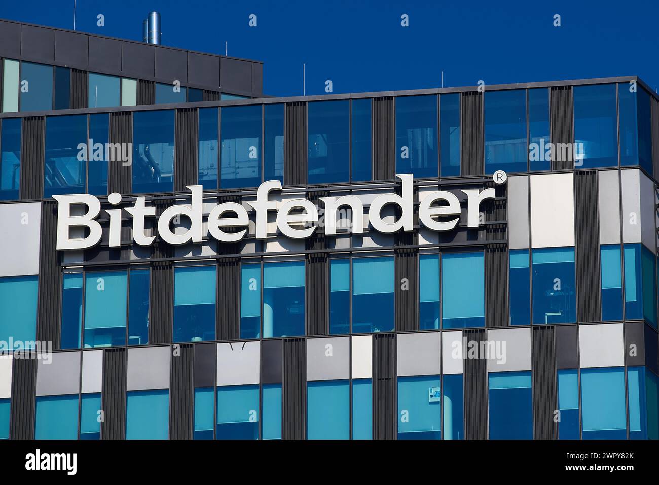 Bucharest, Romania - March 03, 2024: The logo of Romanian cybersecurity and anti-virus software company Bitdefender is seen on the top of the Orhideea Stock Photo