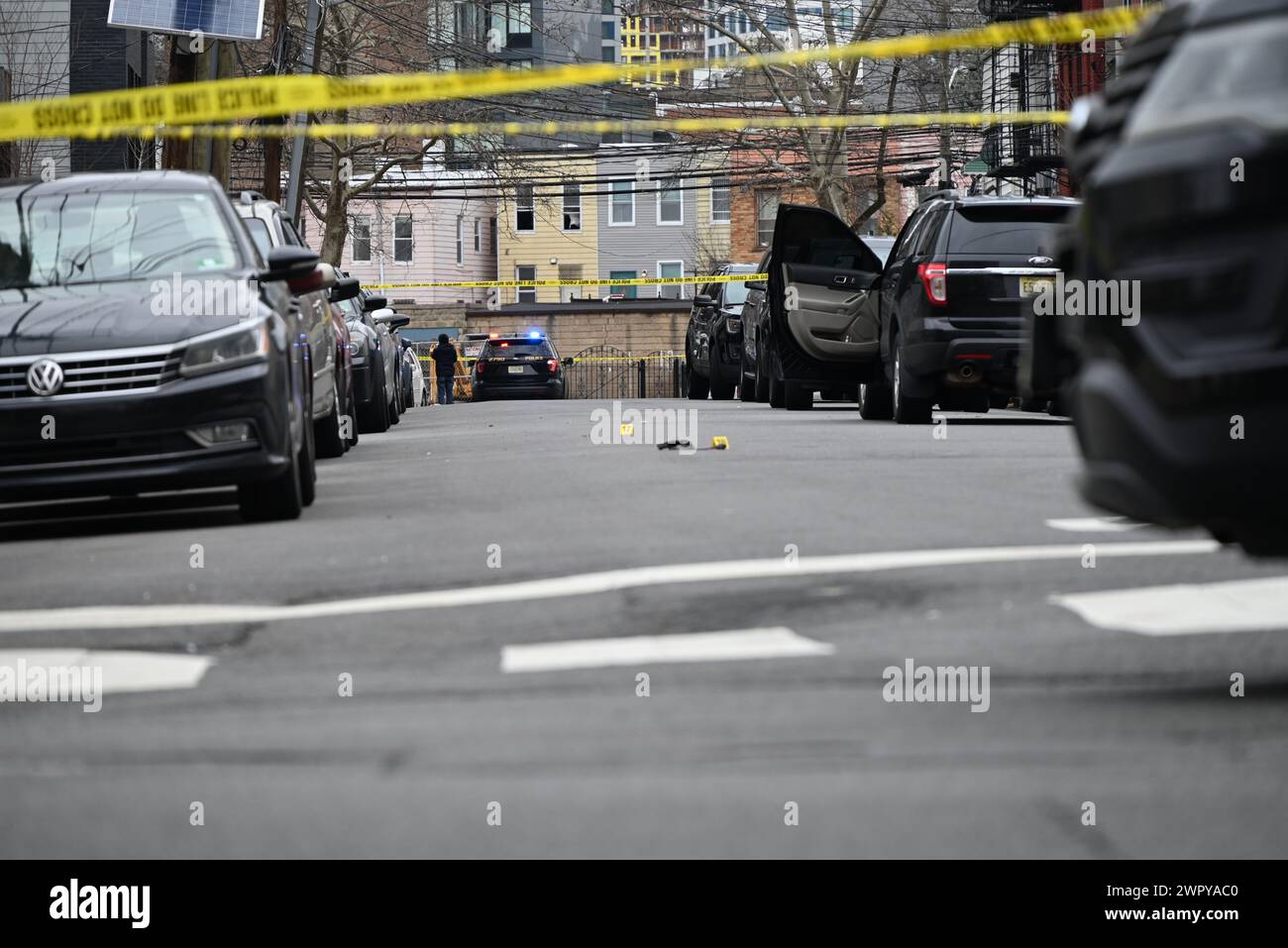 Jersey, United States. 09th Mar, 2024. Authorities search for evidence and clues at the scene of a shooting in Jersey City which killed one person and injured two others. Shooting kills one person and injures two others in Jersey City. The Hudson County Prosecutor's Office Homicide Unit and the Jersey City Police Department are investigating a shooting in the area of Jordan Avenue and Mercer Street which left one individual dead and two others injured. (Photo by Kyle Mazza/SOPA Images/Sipa USA) Credit: Sipa USA/Alamy Live News Stock Photo