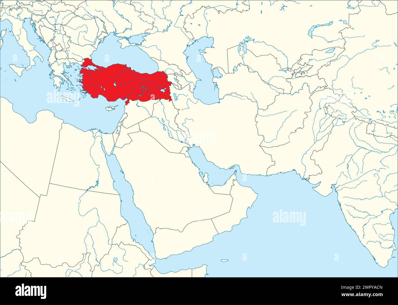 Red map of TURKEY (TÜRKIYE) inside white map of the Middle East Stock ...