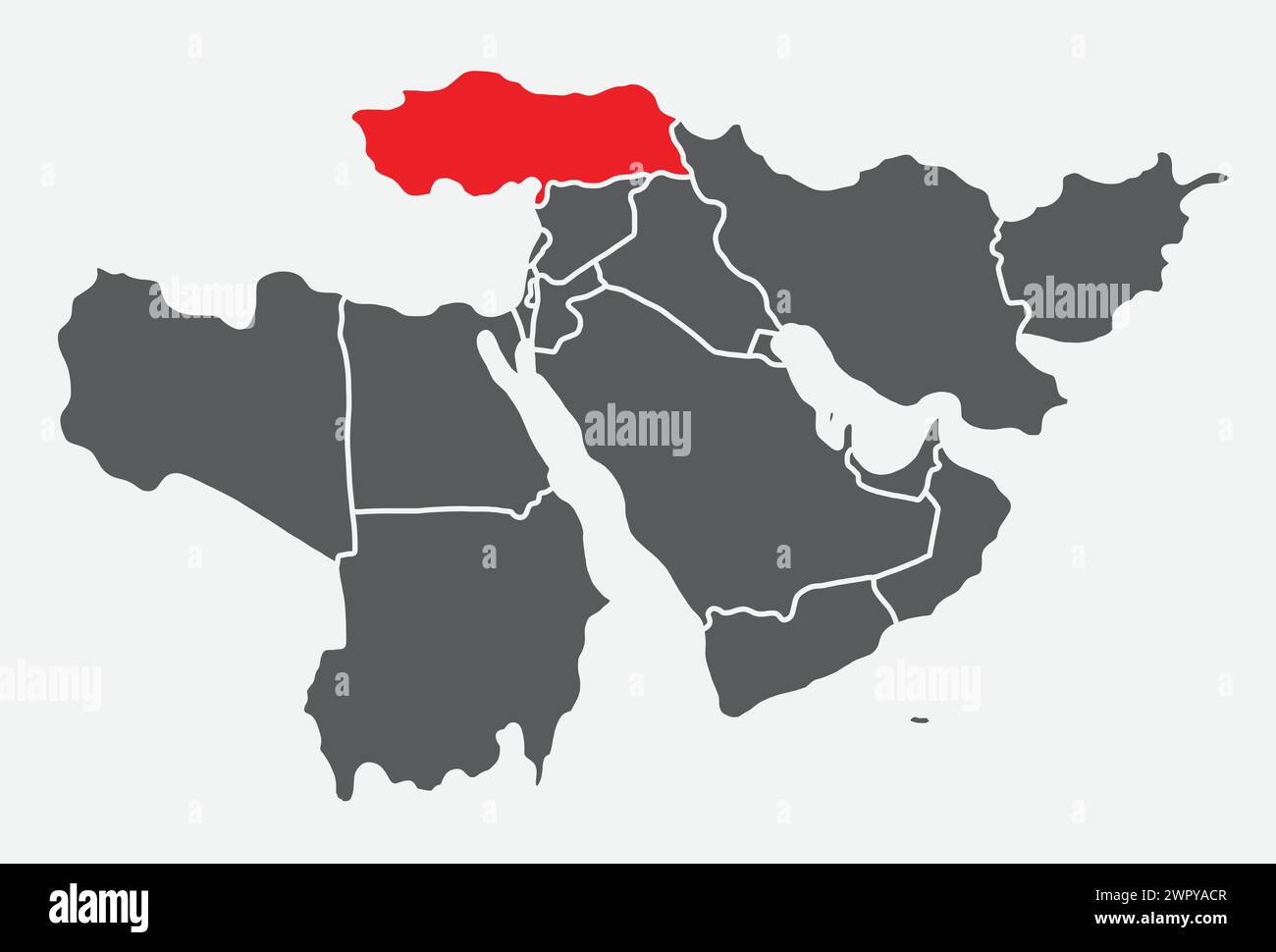 Red map of TURKEY (TÜRKIYE) inside dark gray map of the Middle East ...