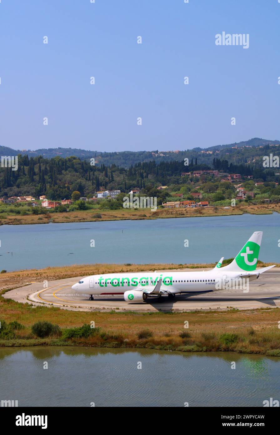 Transavia Boeing 737-8K2 F-HTVC taxiing Ioannis Kapodistris Airport, Corfu, Greece Stock Photo