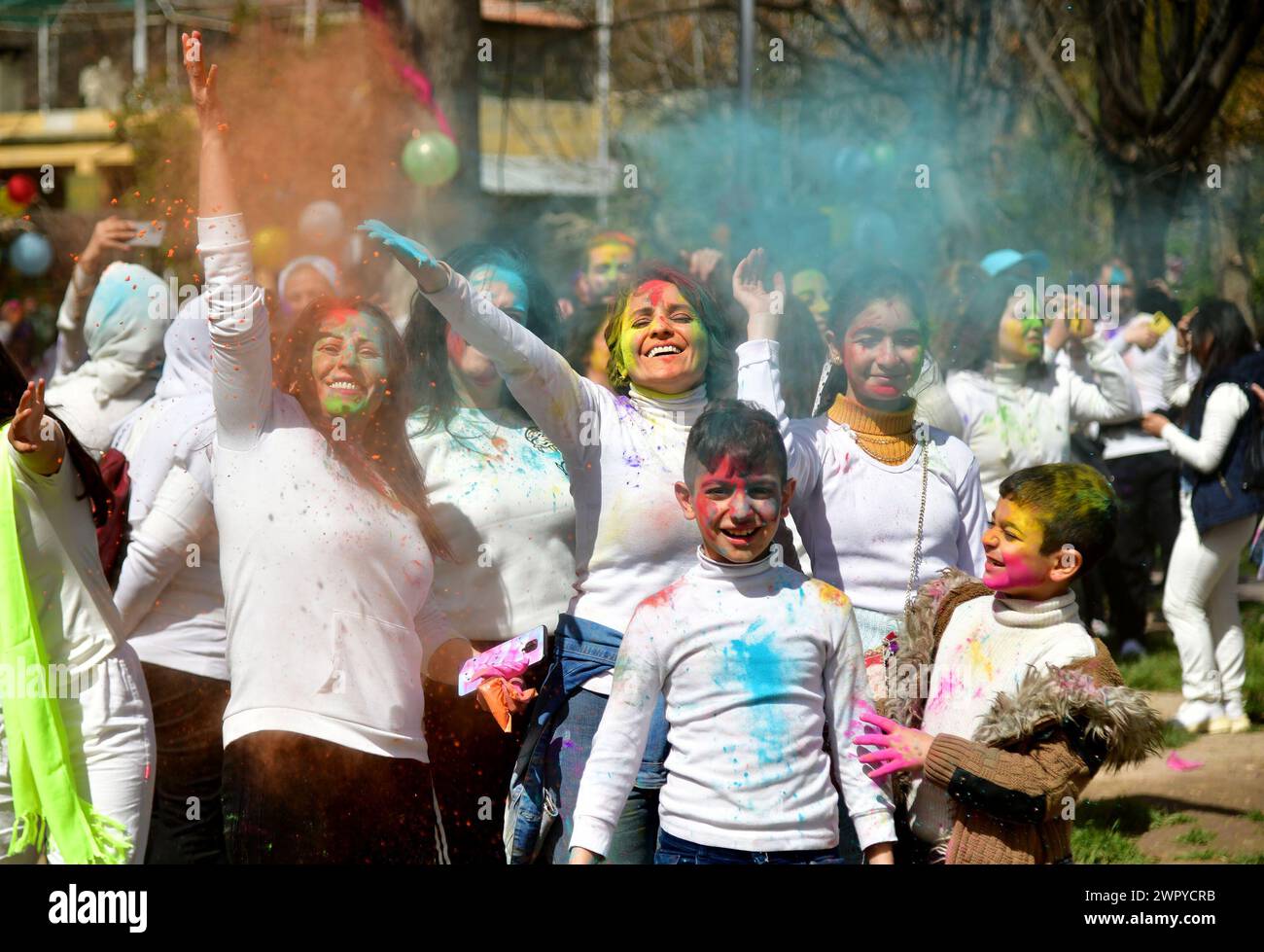 Damascus, Syria. 9th Mar, 2024. People celebrate the Holi Festival in Damascus, Syria, March 9, 2024. Credit: Ammar Safarjalani/Xinhua/Alamy Live News Stock Photo