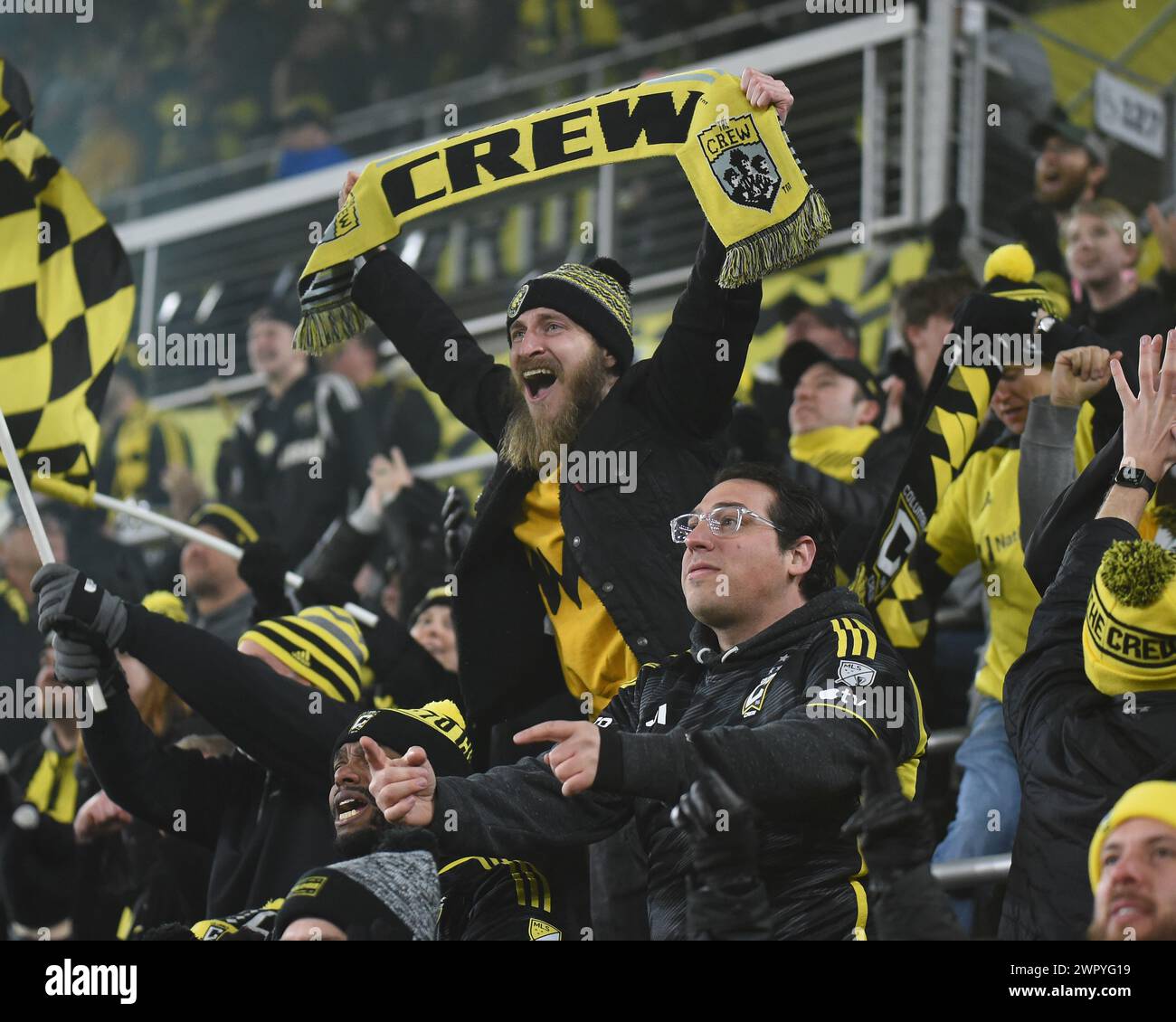 Columbus, Ohio, USA. 9th Mar, 2024. Columbus Crew fans celebrate a goal against the Chicago Fire FC in their match in Columbus, Ohio. Brent Clark/Cal Sport Media/Alamy Live News Stock Photo