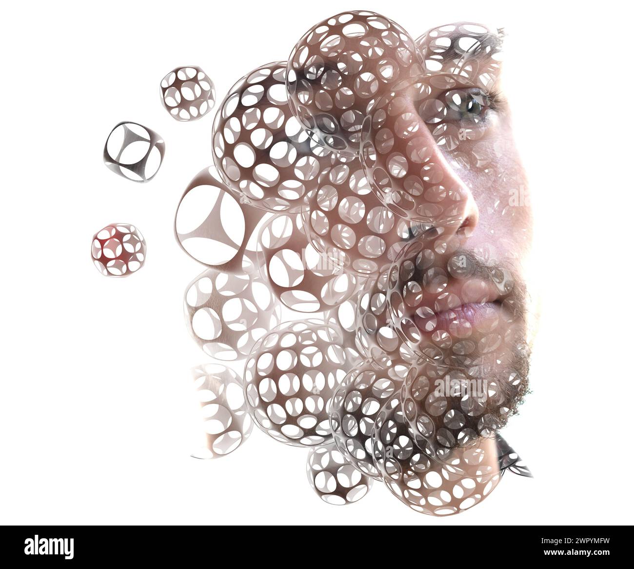 A portrait of a young man combined with 3D shapes in a double exposure Stock Photo