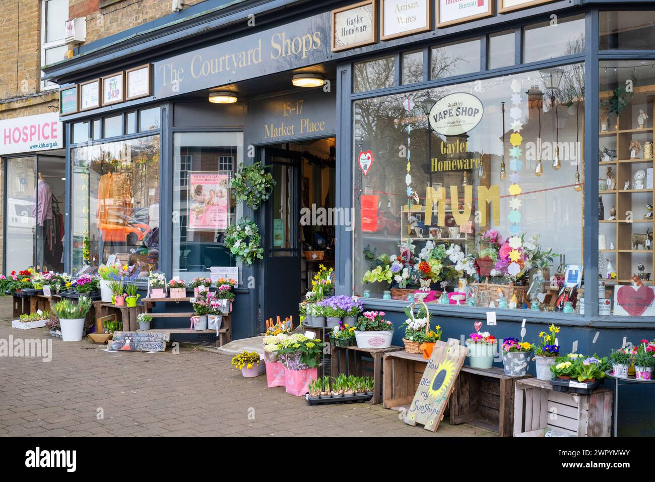 The Courtyard Shops on Mothers day. Brackley, Northamptonshire, England Stock Photo