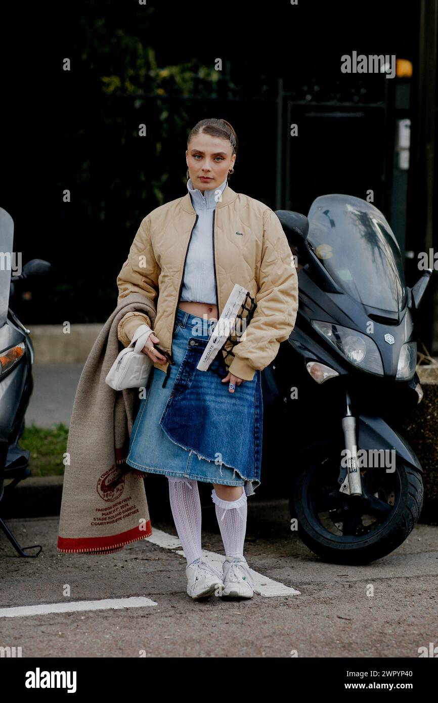 Street style, Maelle Pistoia arriving at Lacoste FallWinter 20242025