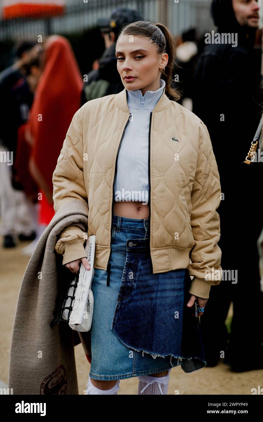 Paris, France. 05th Mar, 2024. Street style, Maelle Pistoia arriving at