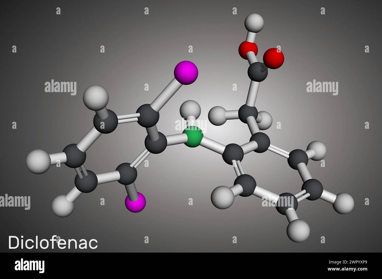 Diclofenac molecule, is a nonsteroidal anti-inflammatory drug NSAID drug. Molecular model. 3D rendering. Illustration Stock Photo